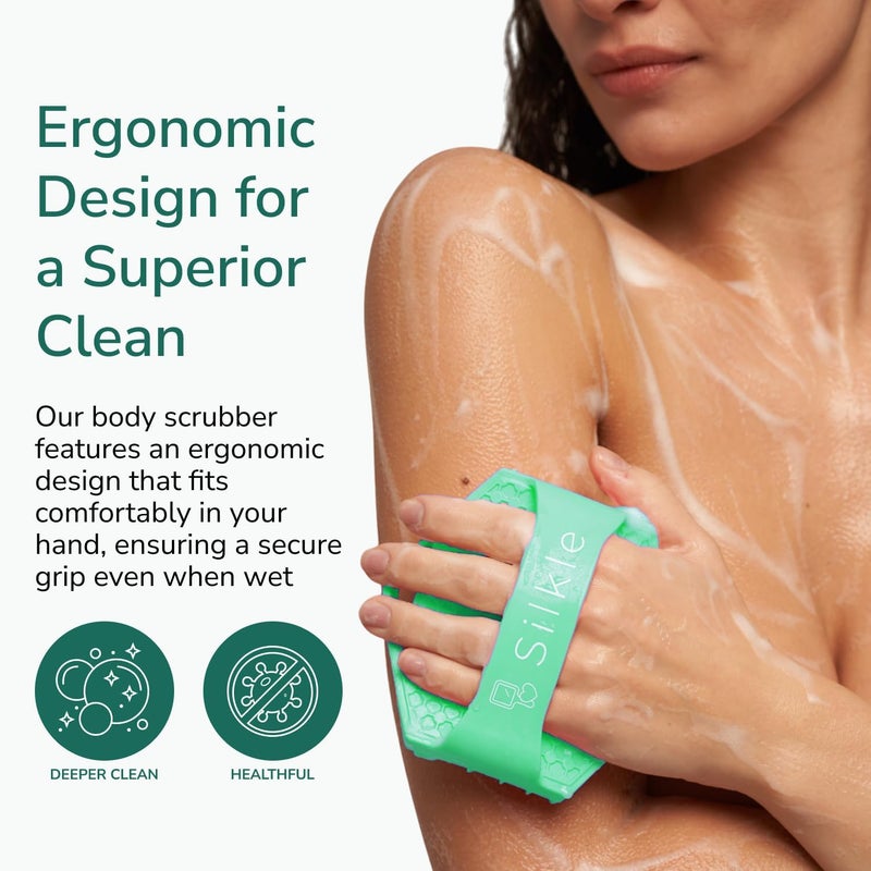 SILKLE Silicone Body Scrubber – Gentle Exfoliating Shower Scrubber for Body & Bath, Silicone Shower Brush & Loofah Alternative – Non-Slip Silicone Body Brush, Quick Dry, Hygienic - Green - Image 2